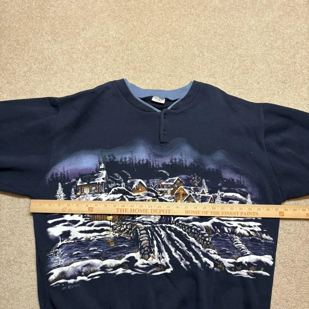 Vtg Winter Village AOP Sweatshirt Mens 2XL Blue Henley Christmas Snow Scene Cozy